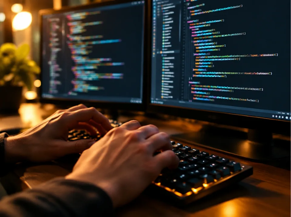 Manos de un programador escribiendo código en dos pantallas