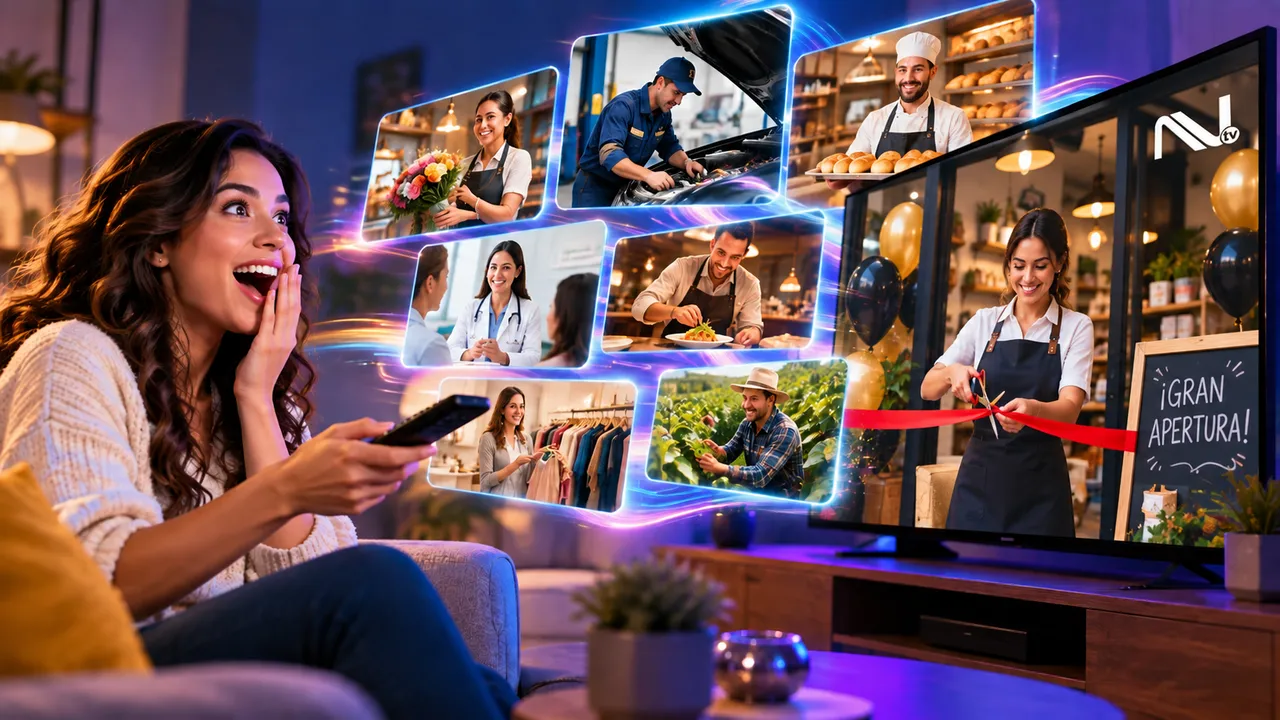 Una familia viendo Nortvisión y los negocios de la región en pantalla